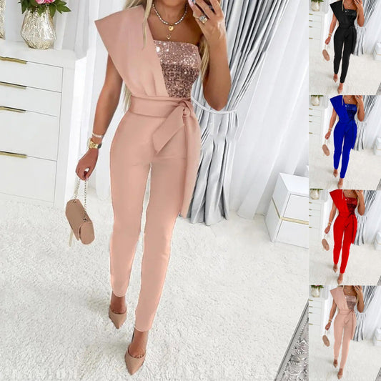 Women's Printed Solid Color Sleeveless Belt Decorative Patchwork Women's Jumpsuit/clothing