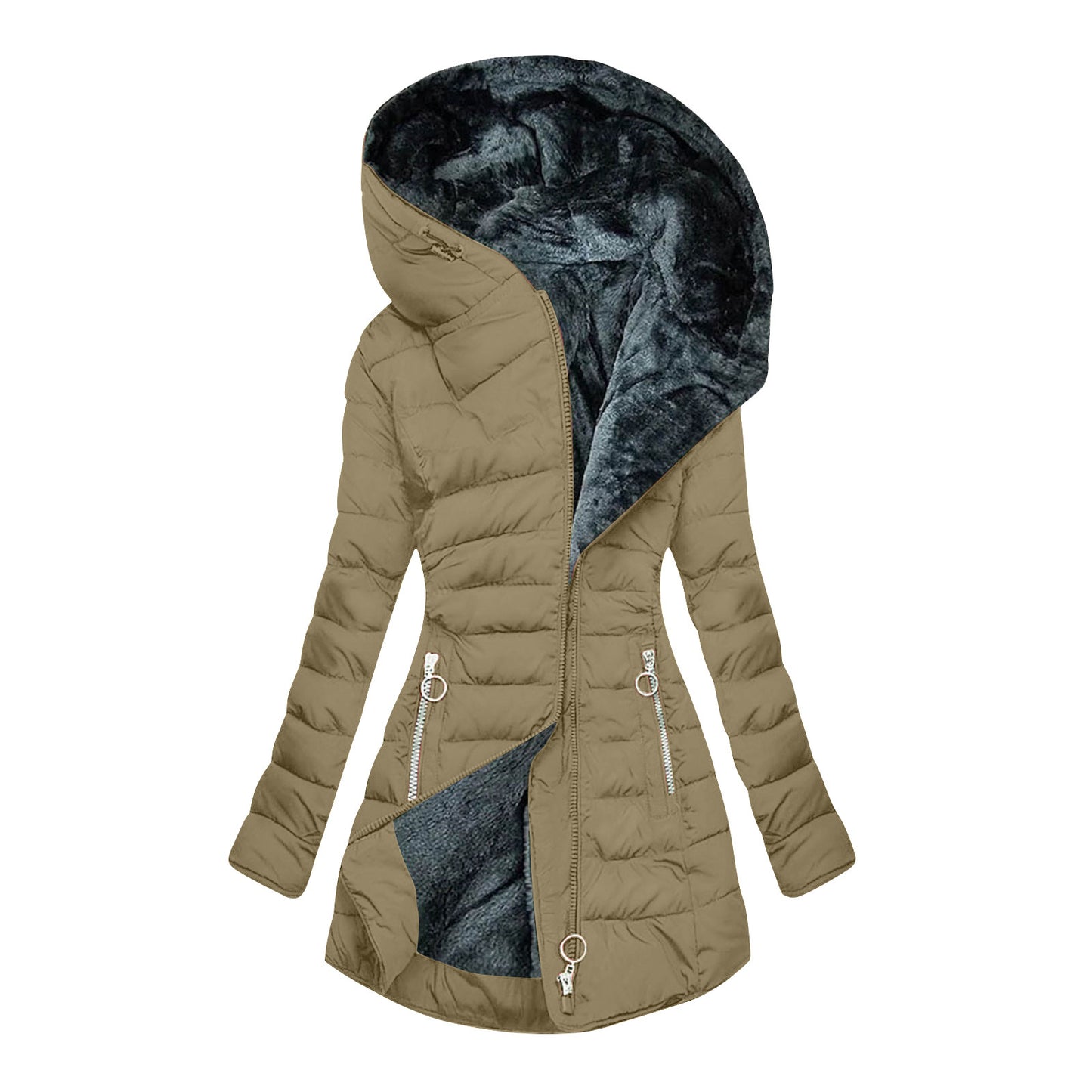 Women's Plush Hooded Mid-length Oblique Zipper Coats