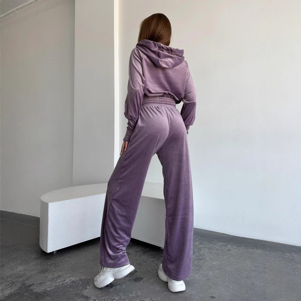 Women's Drawstring Two-piece Knitted Hooded Zip Sweatshirt Fashion Casual Suit