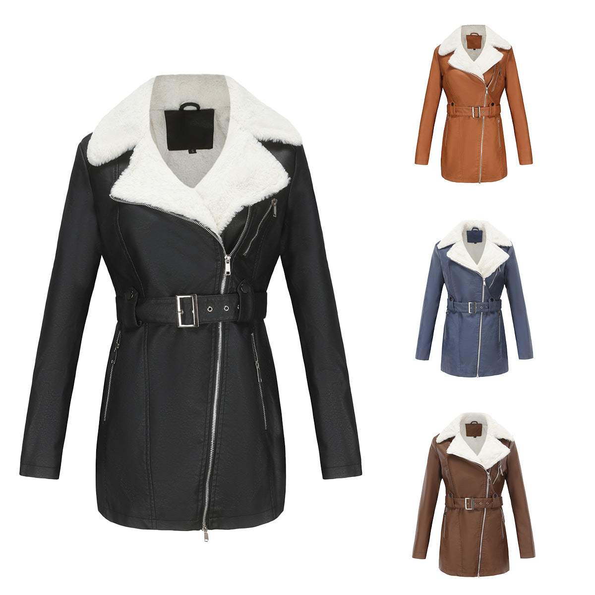 Women's Long Sleeve Fleece Leather Lapel Double-headed Zipper Jackets