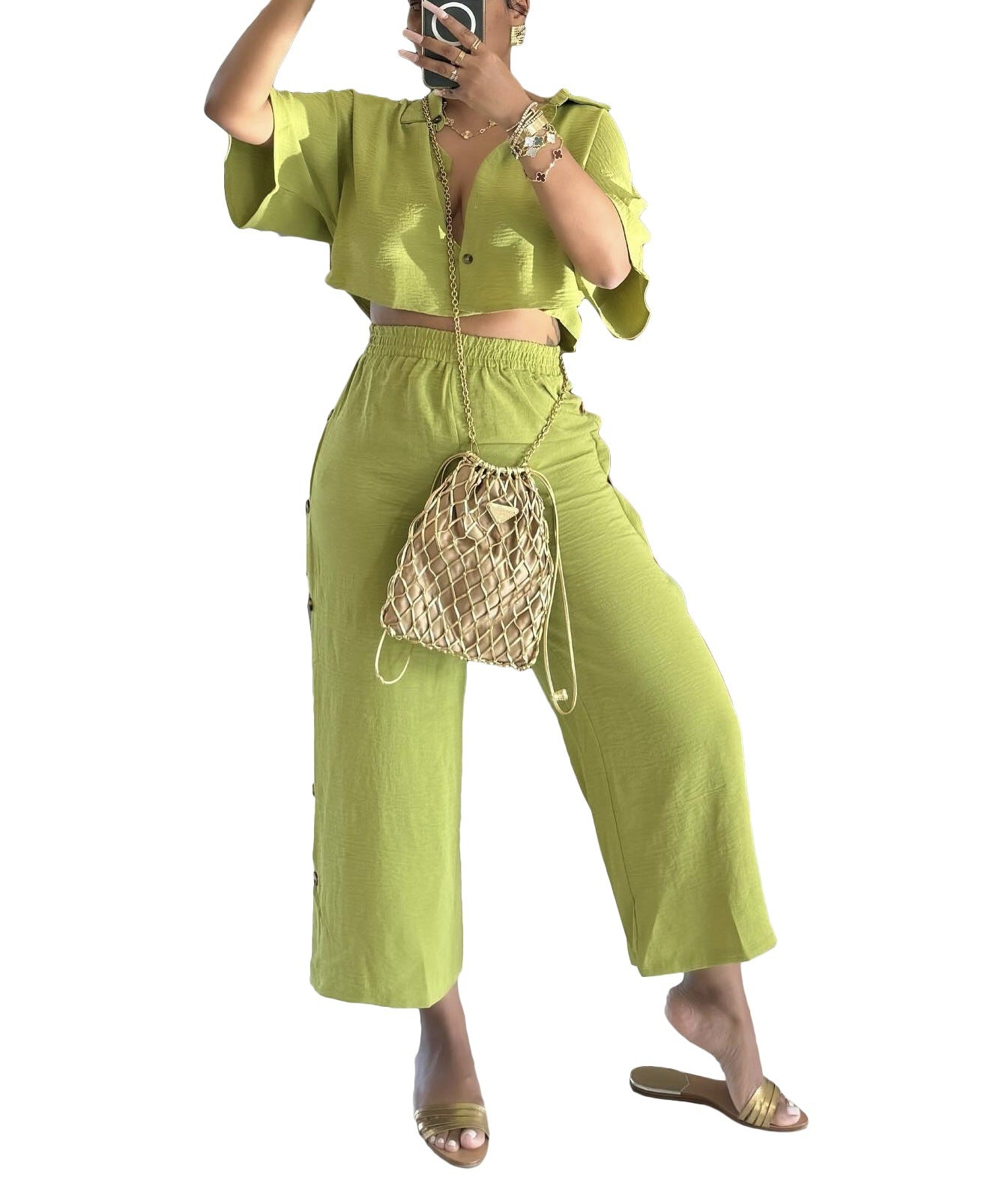 Classic Women's Cropped Lapel Shirt Two-piece Fashion Casual Suit