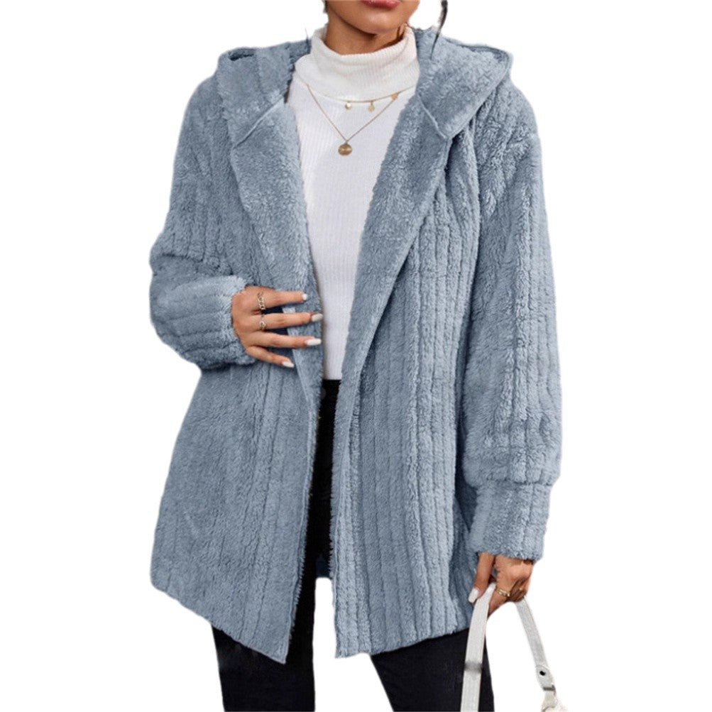 Warm Fashion Vertical Stripe Double-sided Hooded Women's Sweater, Sweater