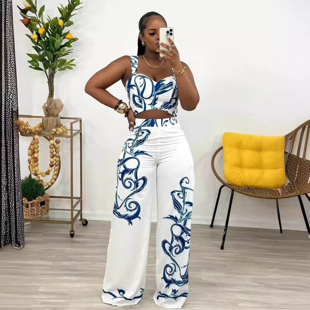 Sexy Print Suspenders High Waist Wide Leg Suits