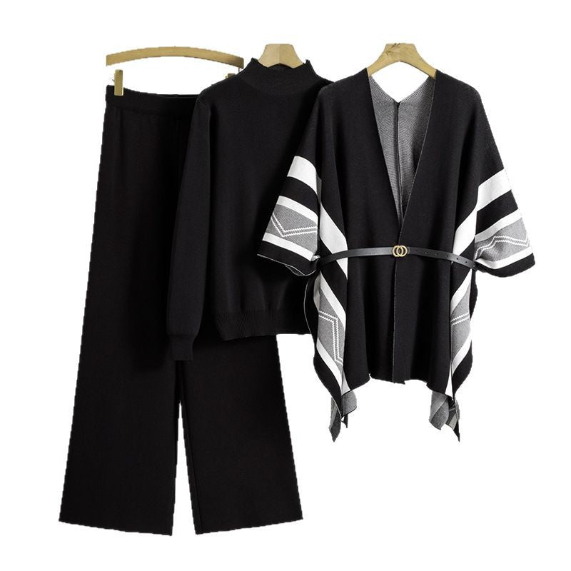 Women's Casual Knitted Shawl Turtleneck Wide Leg Suits