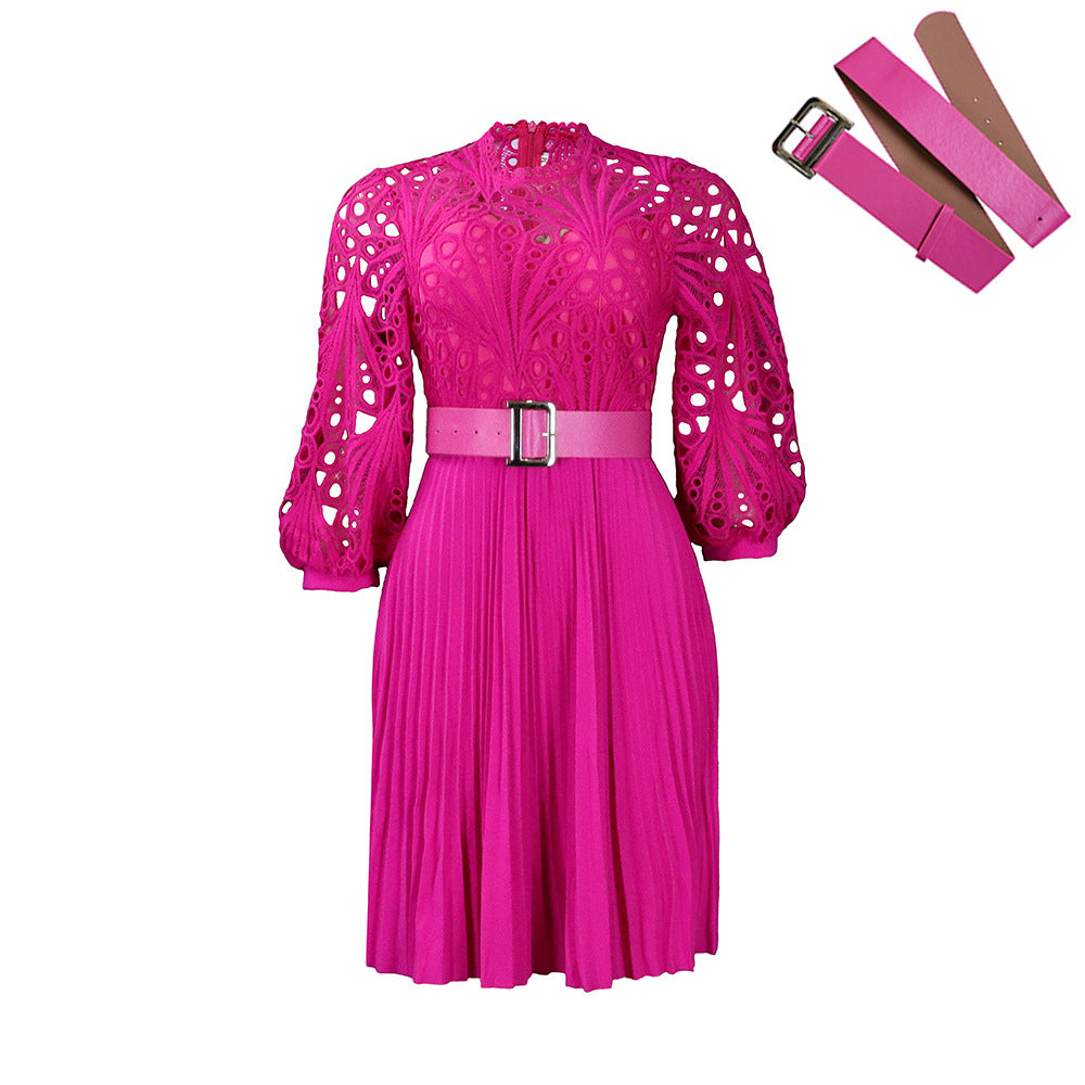 Women's Temperament Pure Color Lace Crocheted Pleated Dress