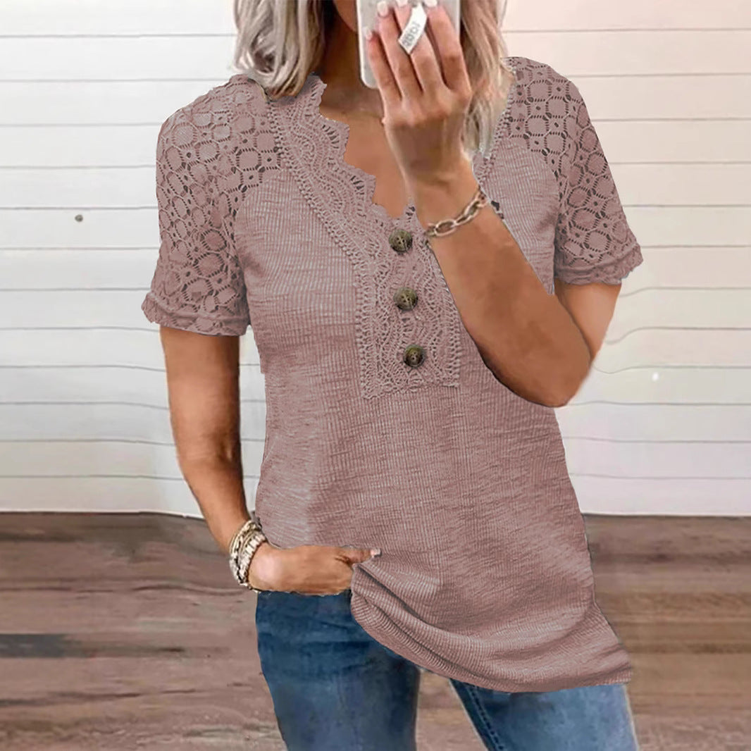 Classic Unique Women's Buttons Hollow Lace Women's T-shirt