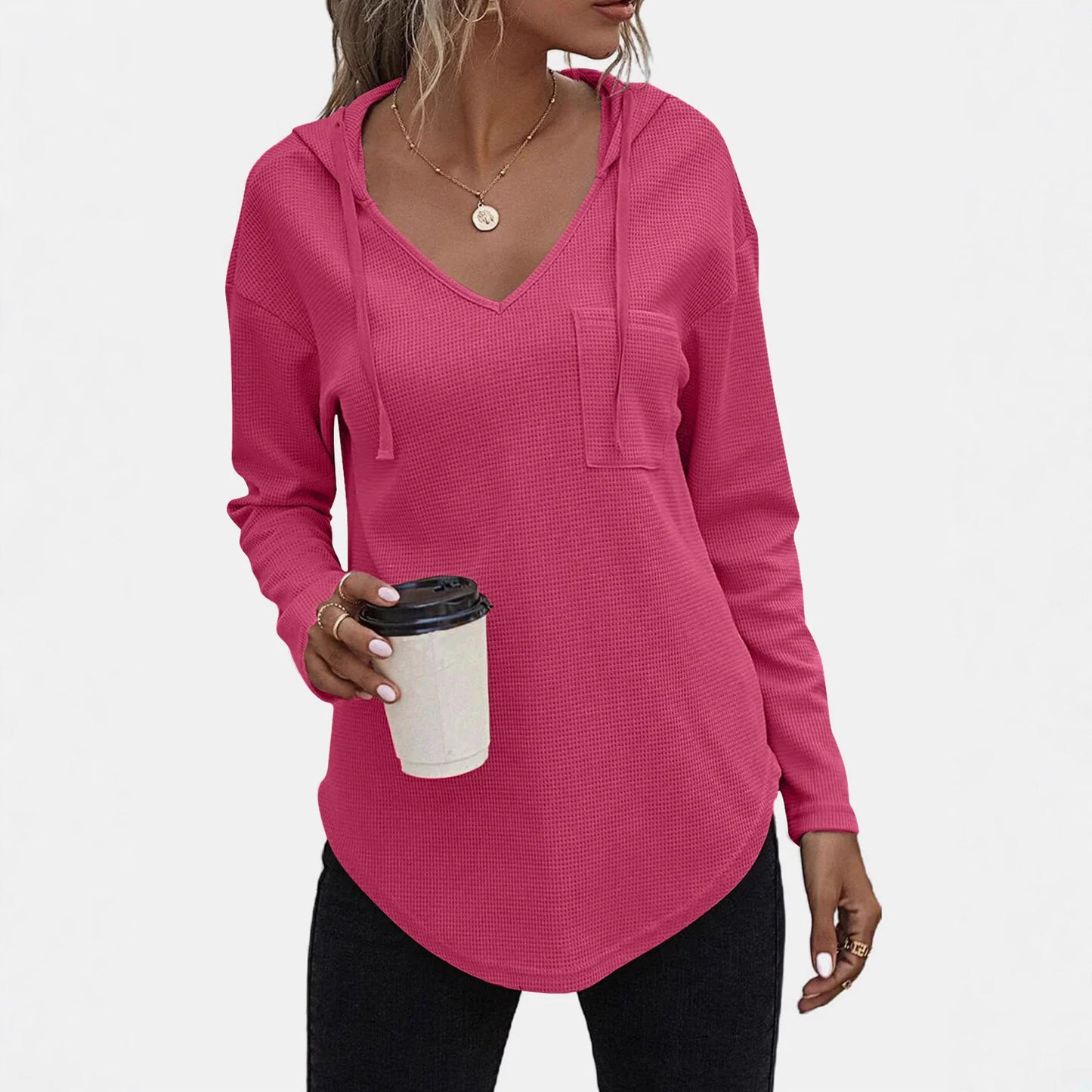 Women's Xi Waffle Casual Fashion Solid Color Hooded Knitted Patch Pocket Blouses