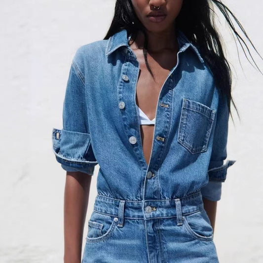 Women's Spring Lapel Fashion Casual Cowboy Siamese Jumpsuits