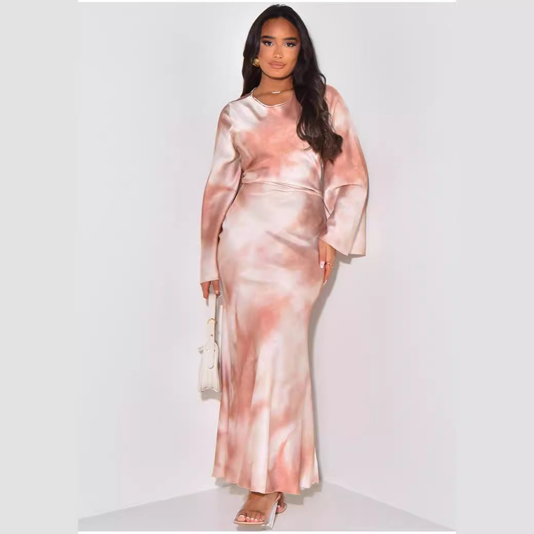 Loose Printed Casual Long Satin Dress Dresses
