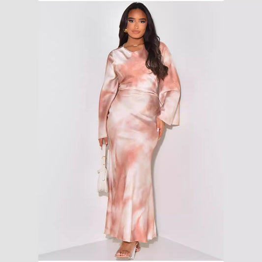 Loose Printed Casual Long Satin Dress Dresses