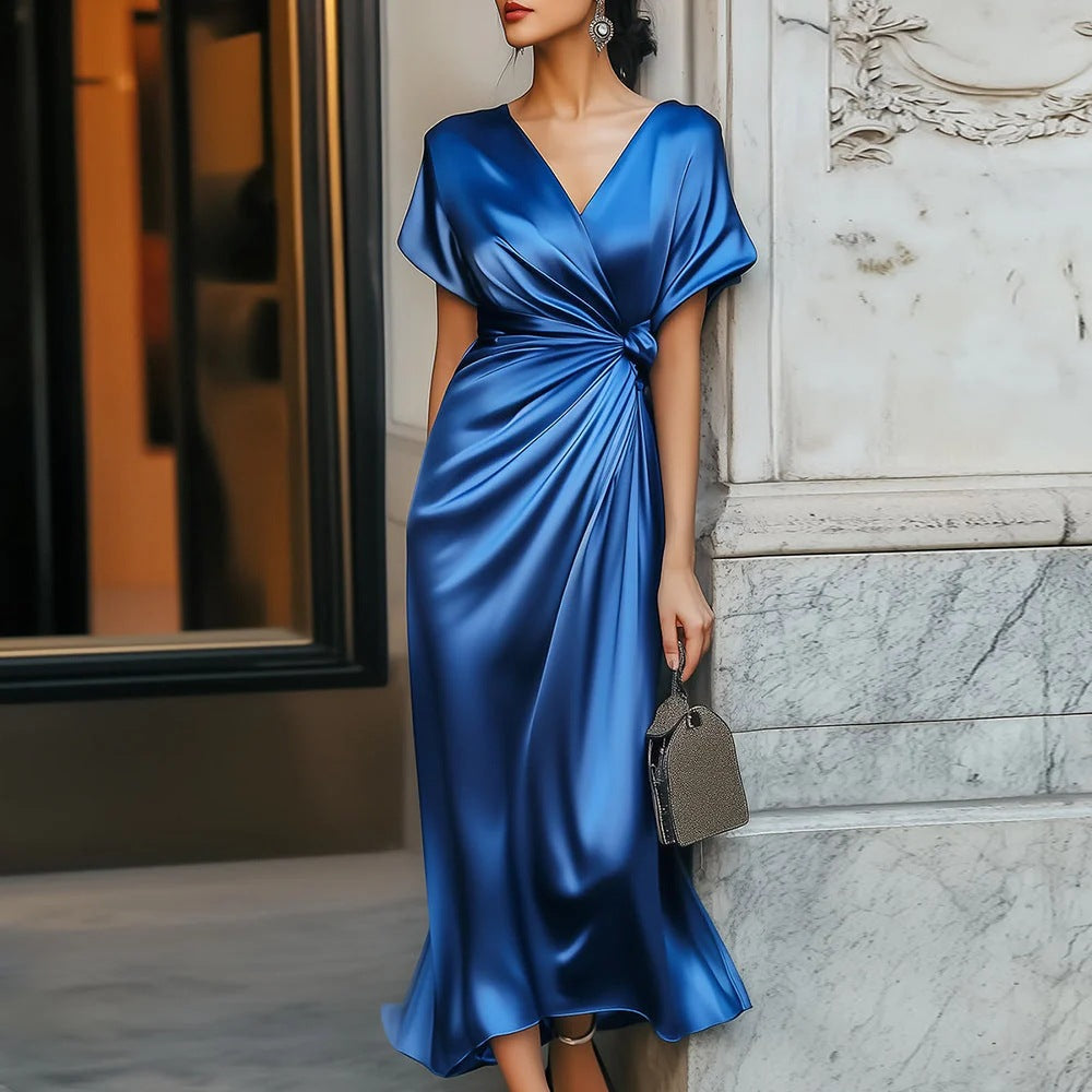 Women's Collar Sleeve Solid Color Dress Satin Shorts