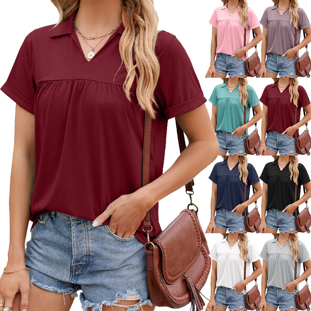 Women's Solid Color Polo Collar Pleated Loose Shorts