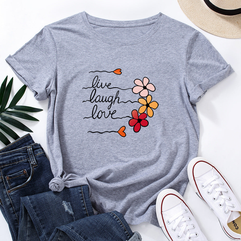 Women's Cotton Loose Round Neck Sleeve Women's T-shirt
