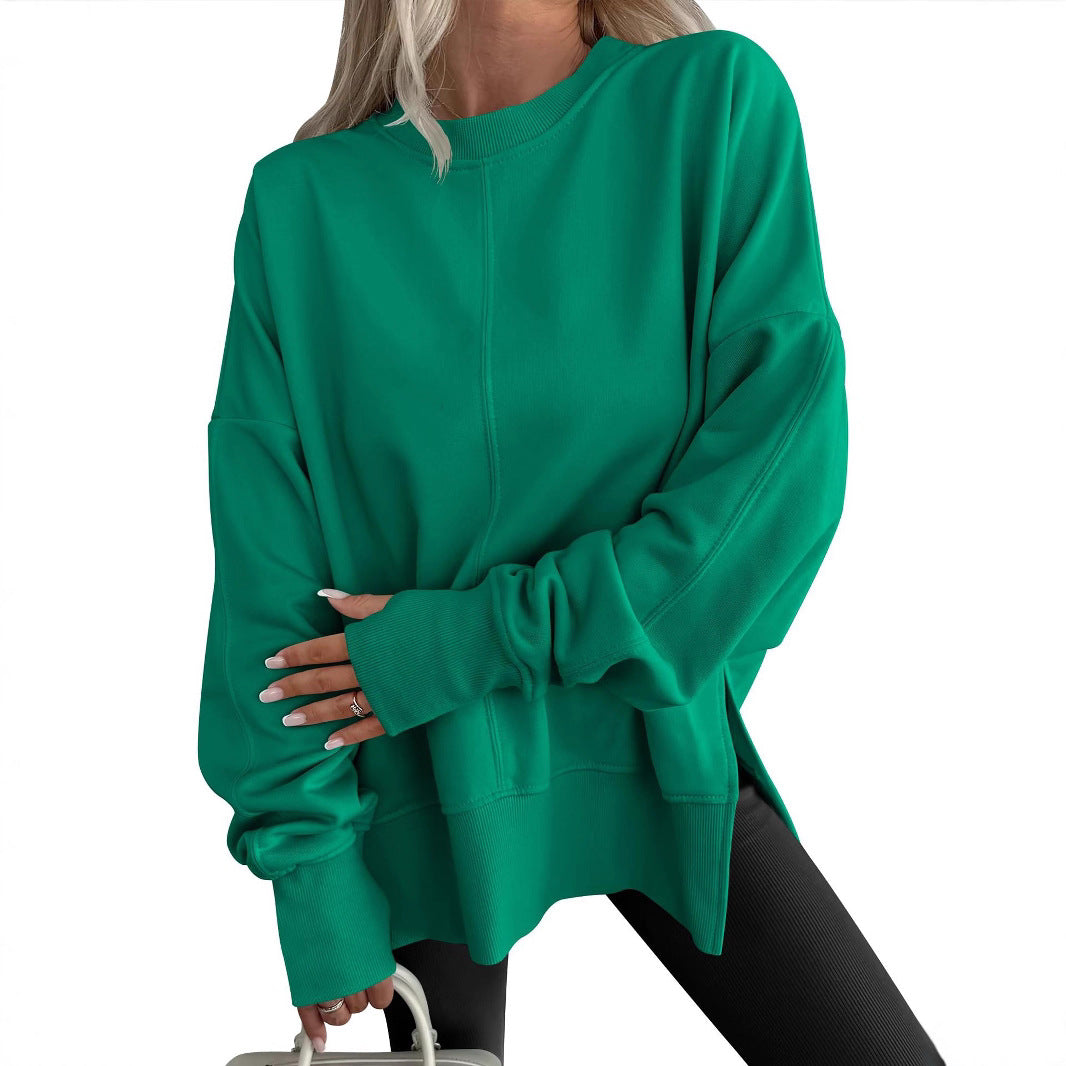 Loose Side Slit Patchwork Round Neck Bat Sleeve Sweaters