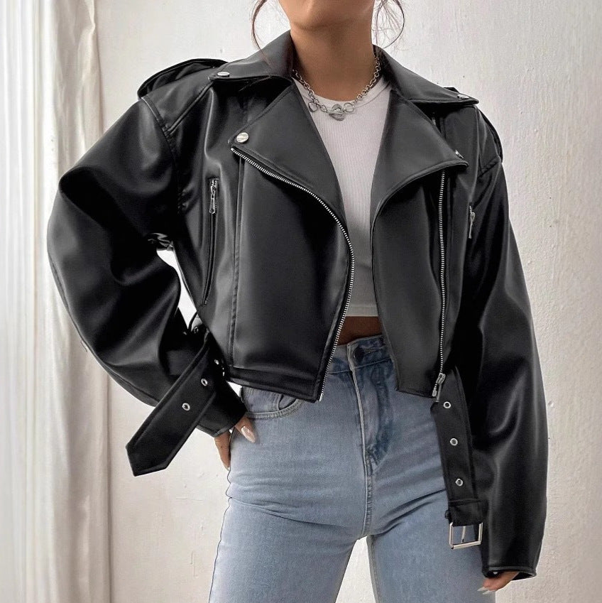 Women's Oblique Zipper Belt Lapel Leather Jackets