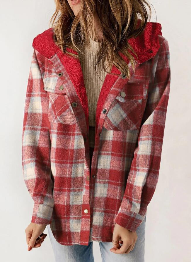 Women's Plaid Long Sleeve Furry Hooded With Coats