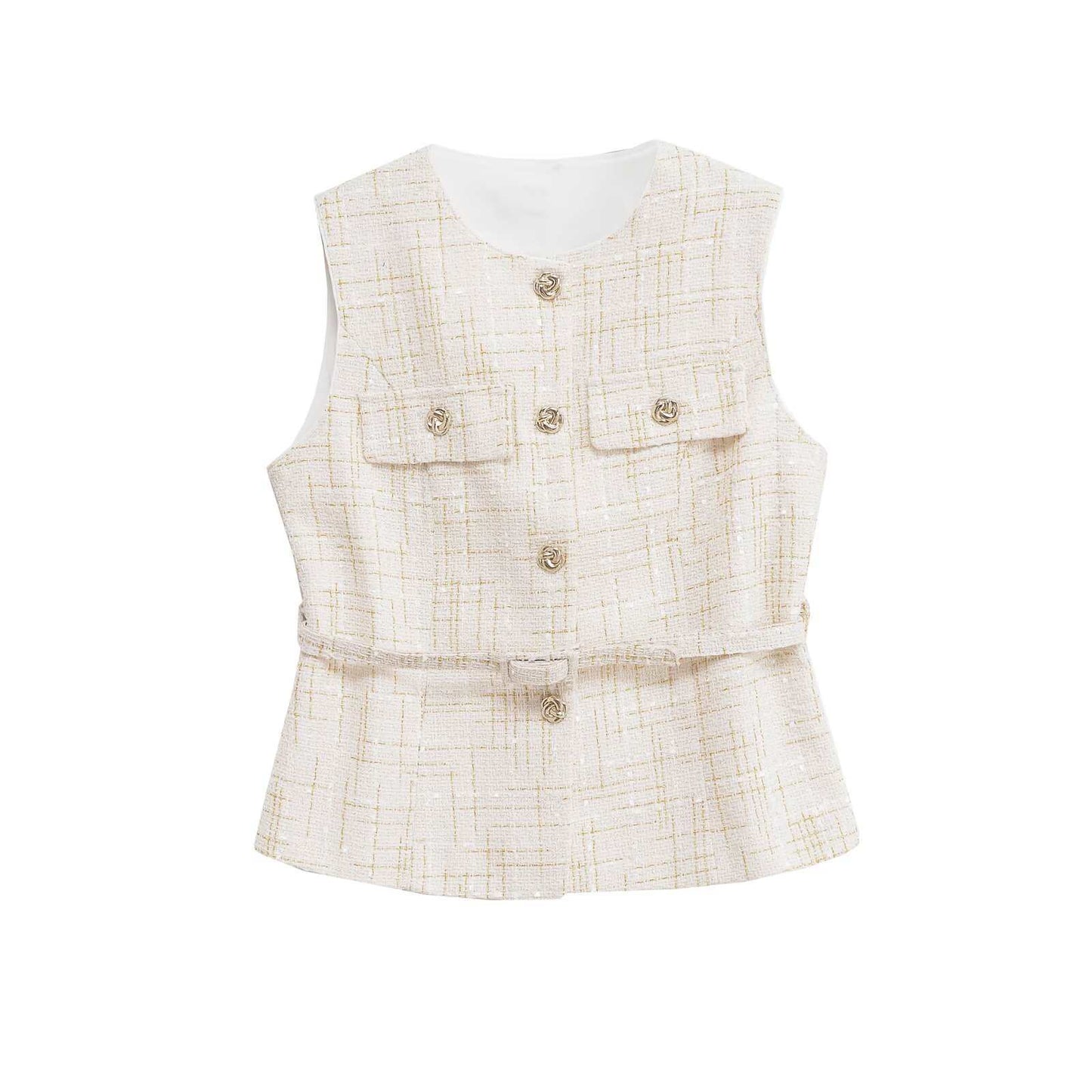 Women's Round Neck Decorative Waist Belt Classic Tops