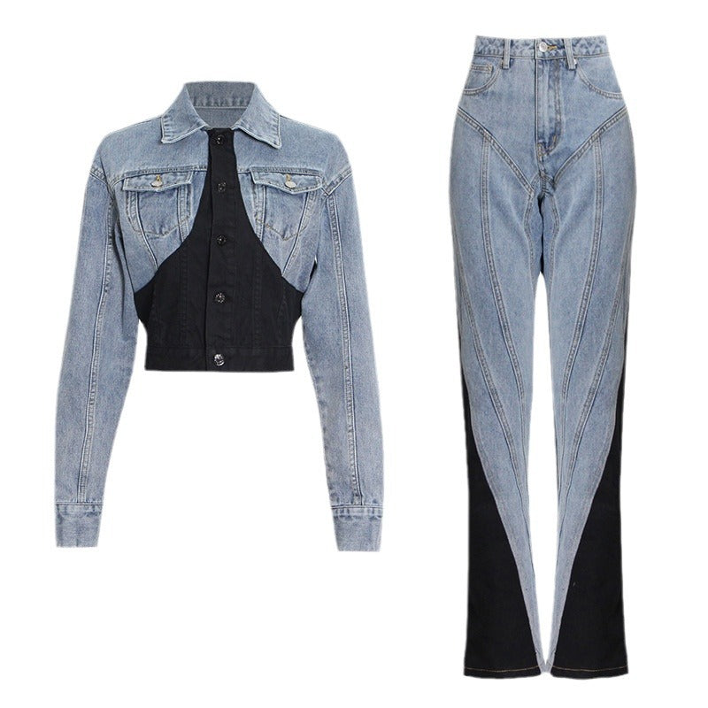Style Niche Two-piece Set Stitching Denim Suits