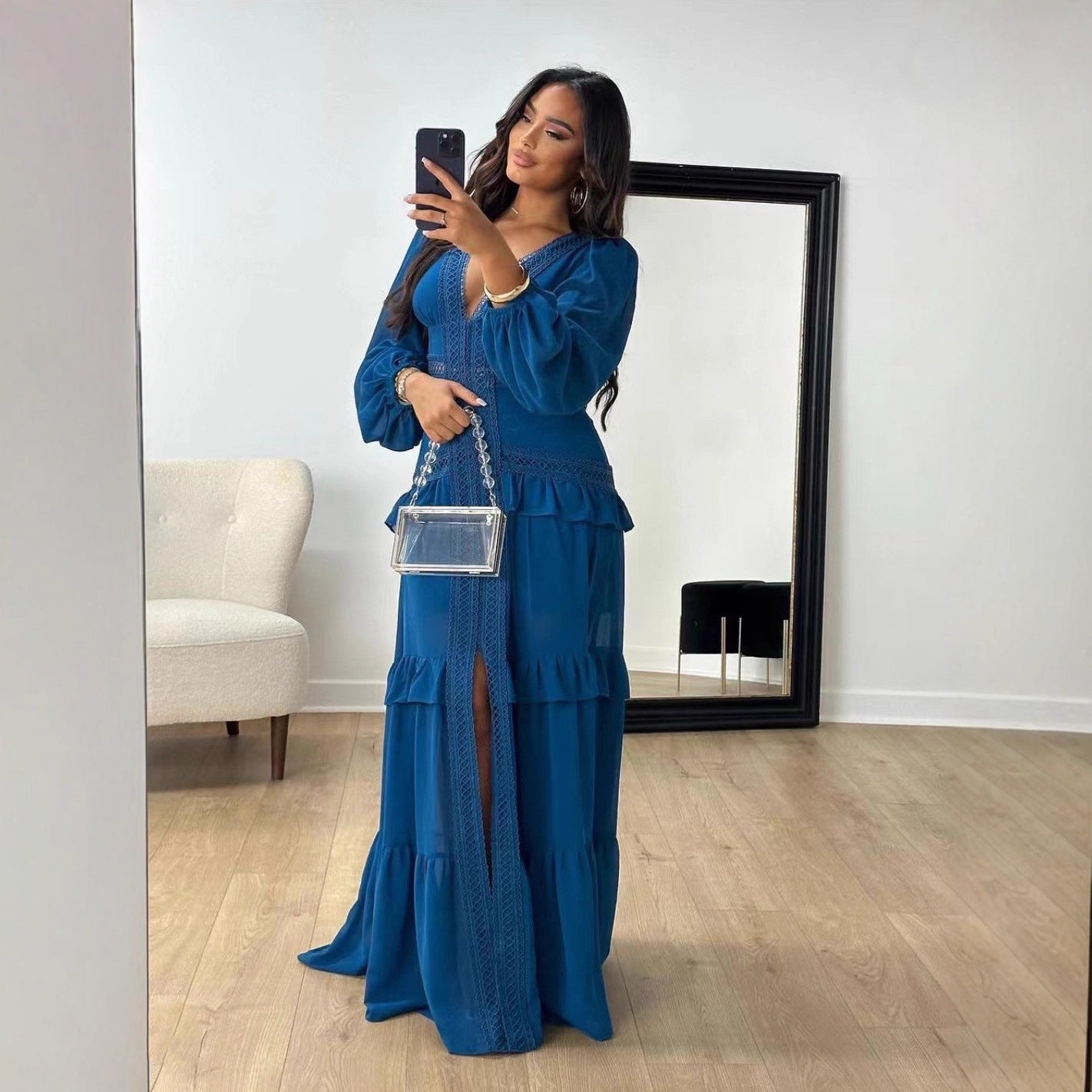 Women's Elegant Stitching Long Sleeve Dress Chiffon Dresses