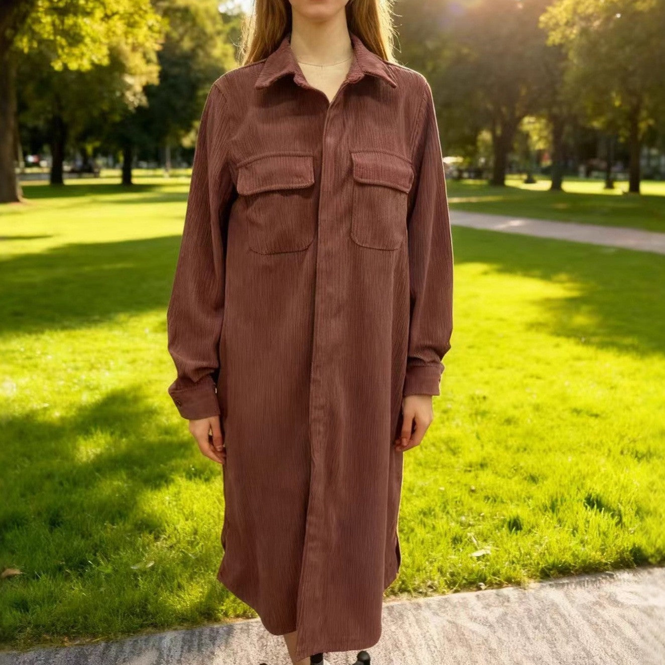 Color Corduroy Long Sleeve Lapel Shirt Dresses