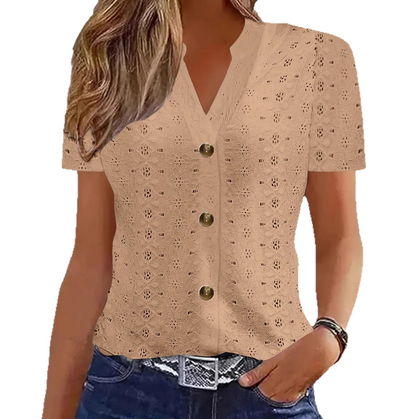 Women's Clothes Fashion Casual Solid Color Buttons Women's T-shirt
