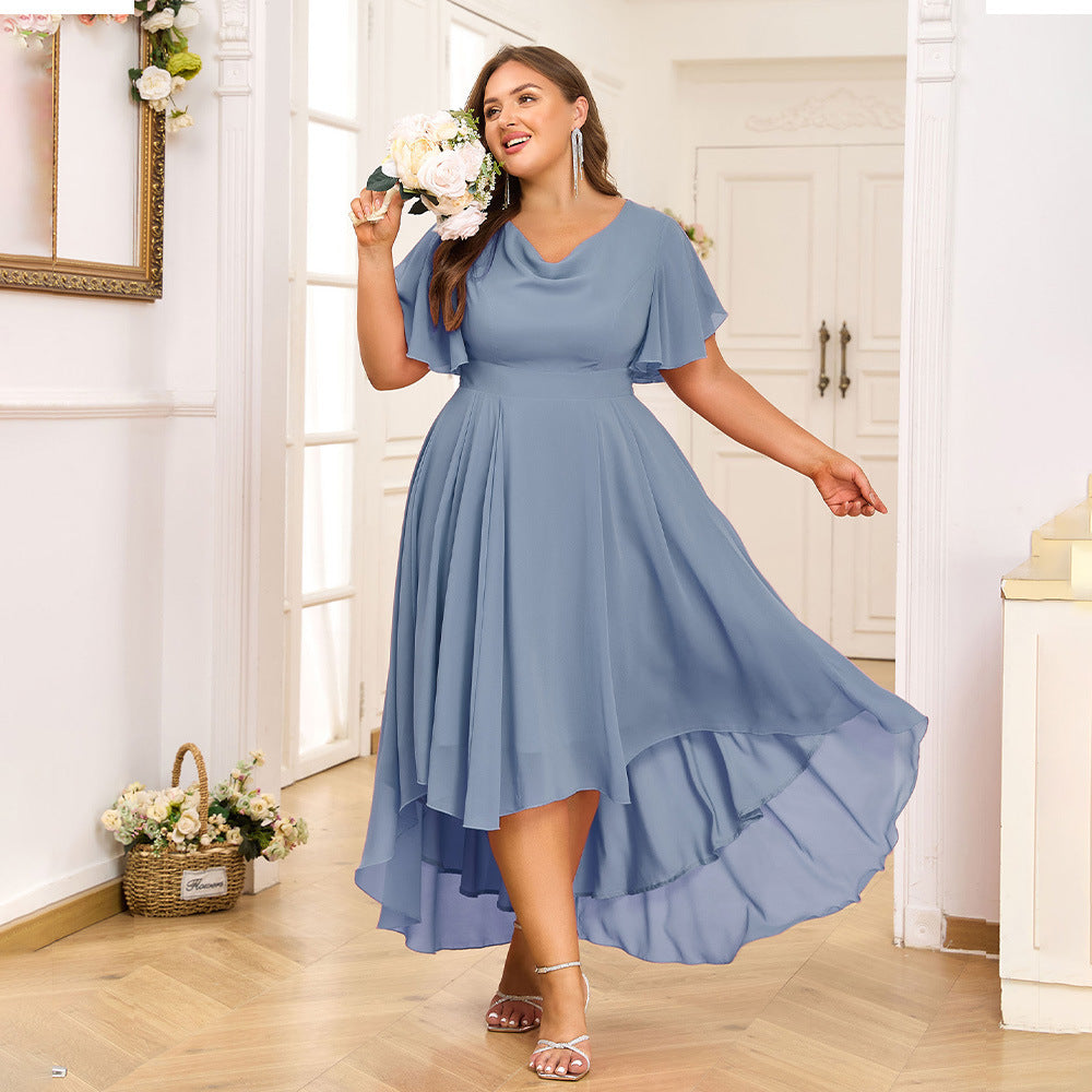 Lotus Leaf Sleeve Back Width Olive Front Long Chiffon Dresses