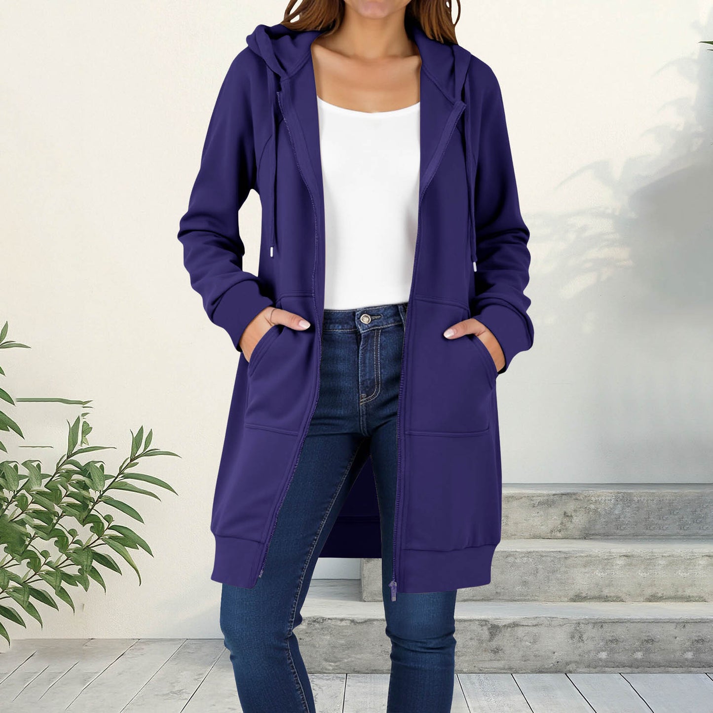 Women's Hooded Solid Color Loose Long Fleece Raglan Women's Sweater, Sweater
