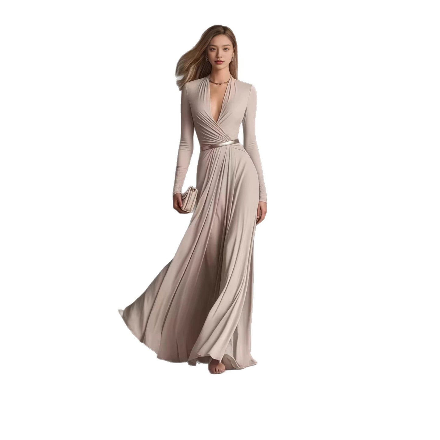 Women's Solid Color Deep V Long Sleeve Dress