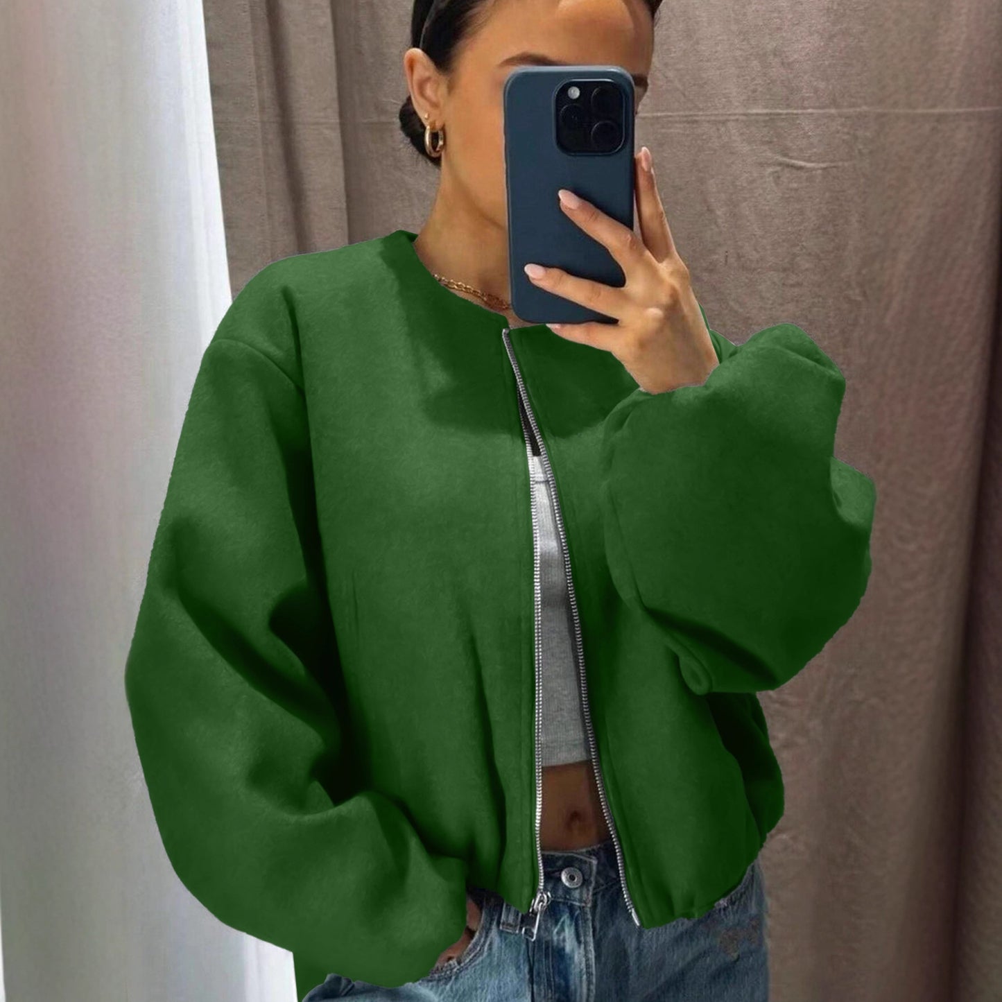 Women's Fashionable Pilot Round Neck Zipper Jackets
