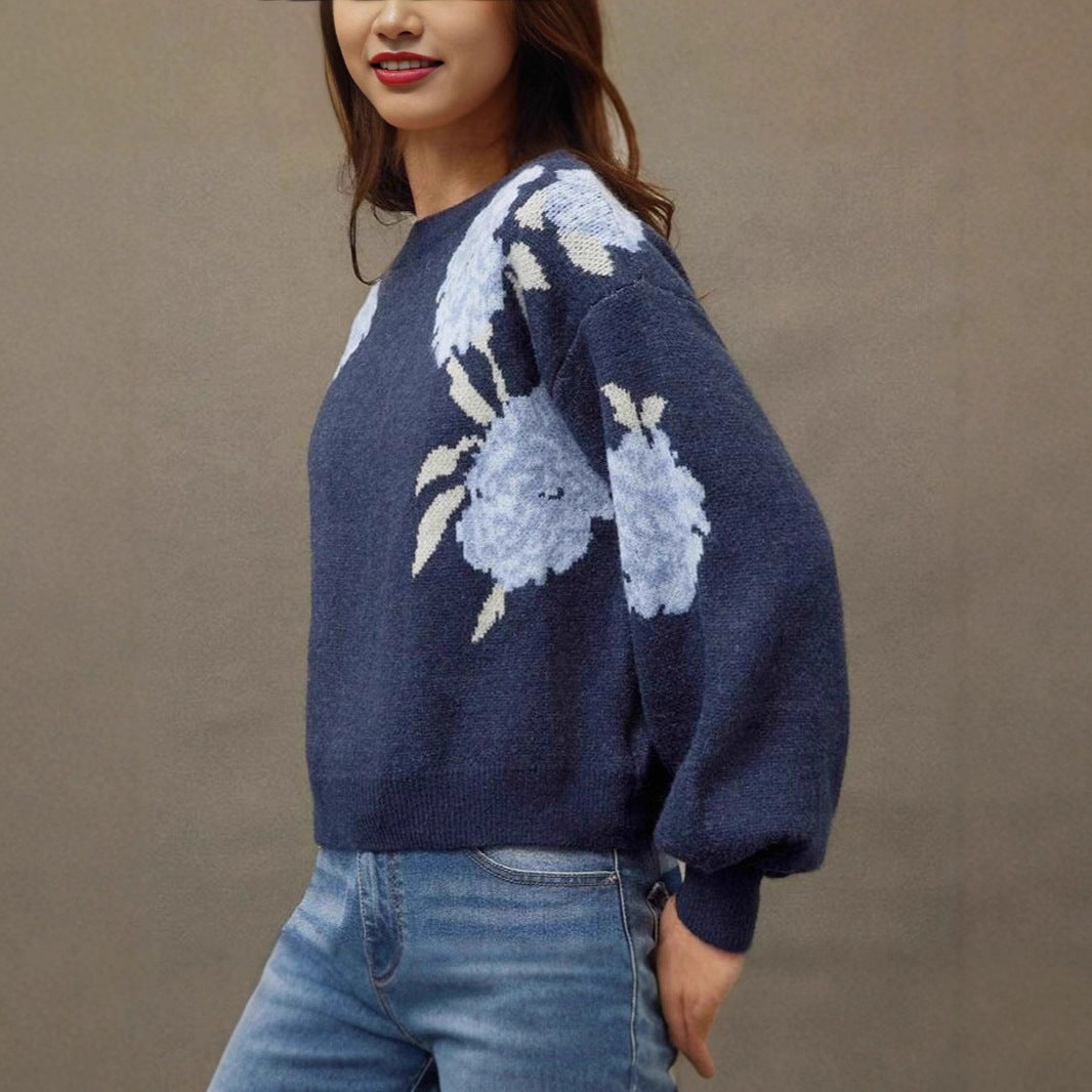 Women's Flower Jacquard Pullover Korean Loose Casual Sweaters
