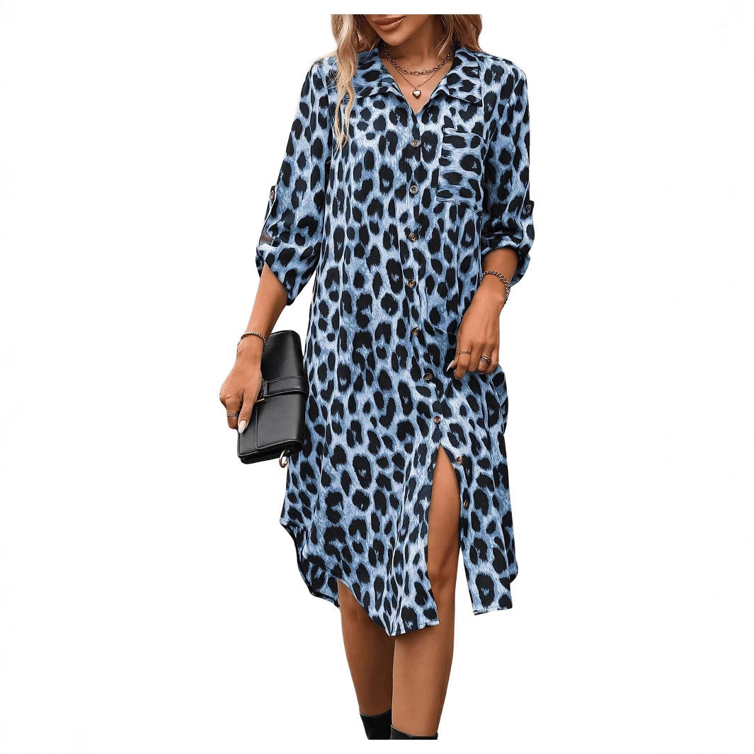 Women's Leopard Print Sleeve Shirt Woven Loose Fashion Ladies Slit Dress