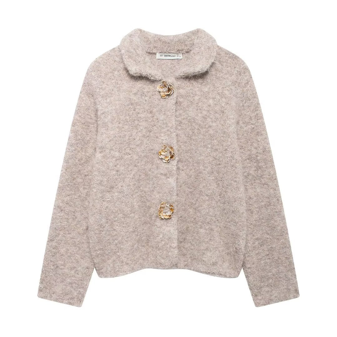 Women's Artificial Wool Belt Flower Button Knitted Sweaters