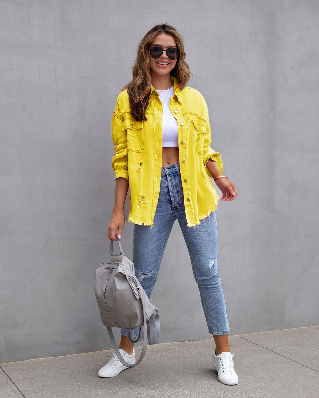 Women's Hem Ripped Denim Long-sleeved Casual Polo Jackets