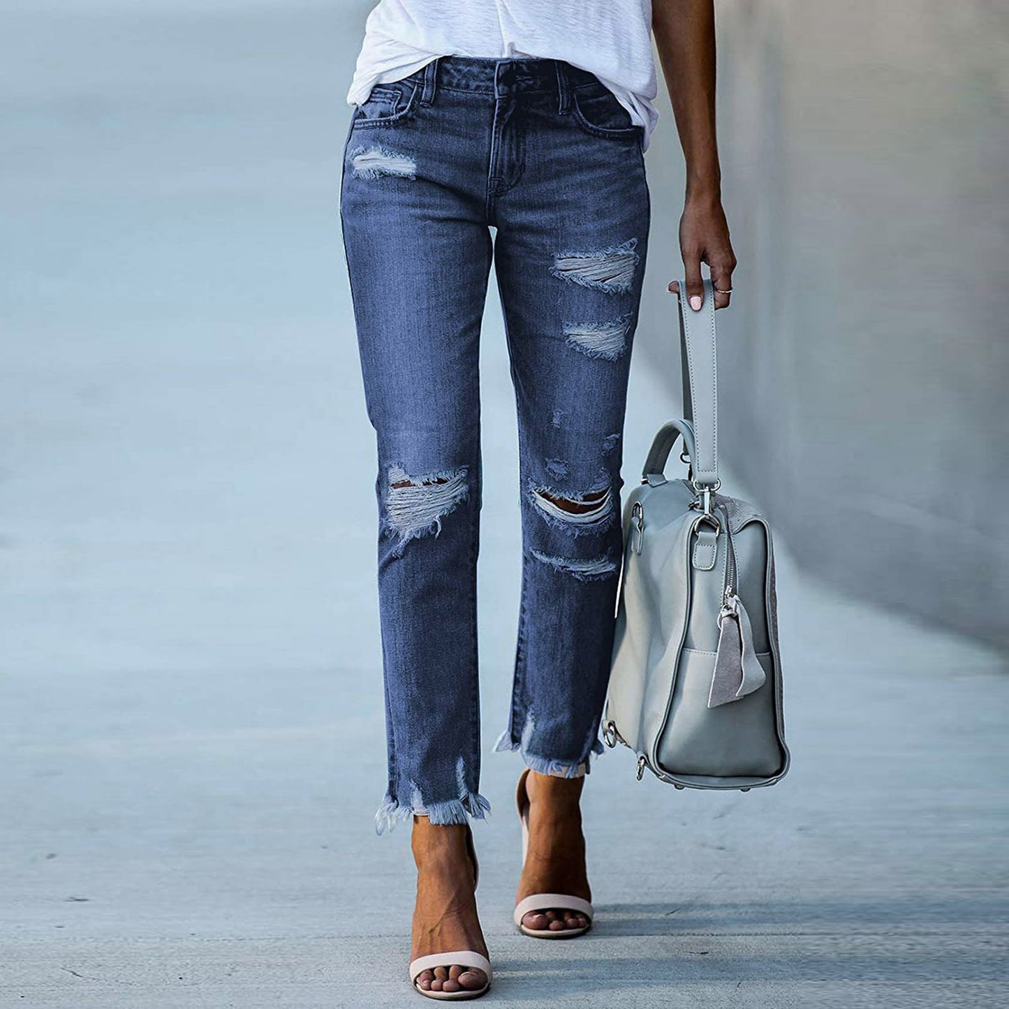 Glamorous Women's Solid Color Ripped Straight Jeans
