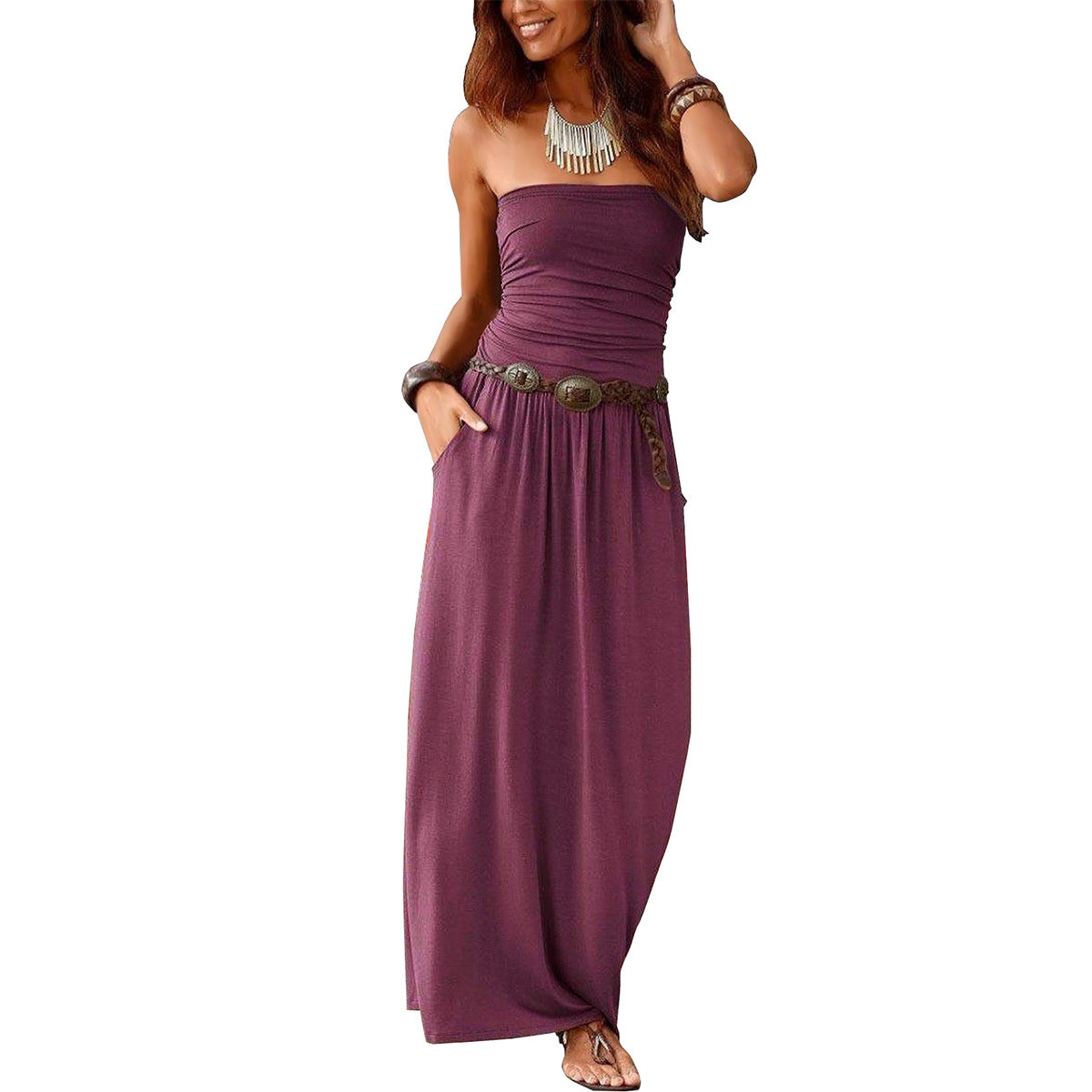 Women's Collar Sleeveless Cold-shoulder Long Double Pocket Dress
