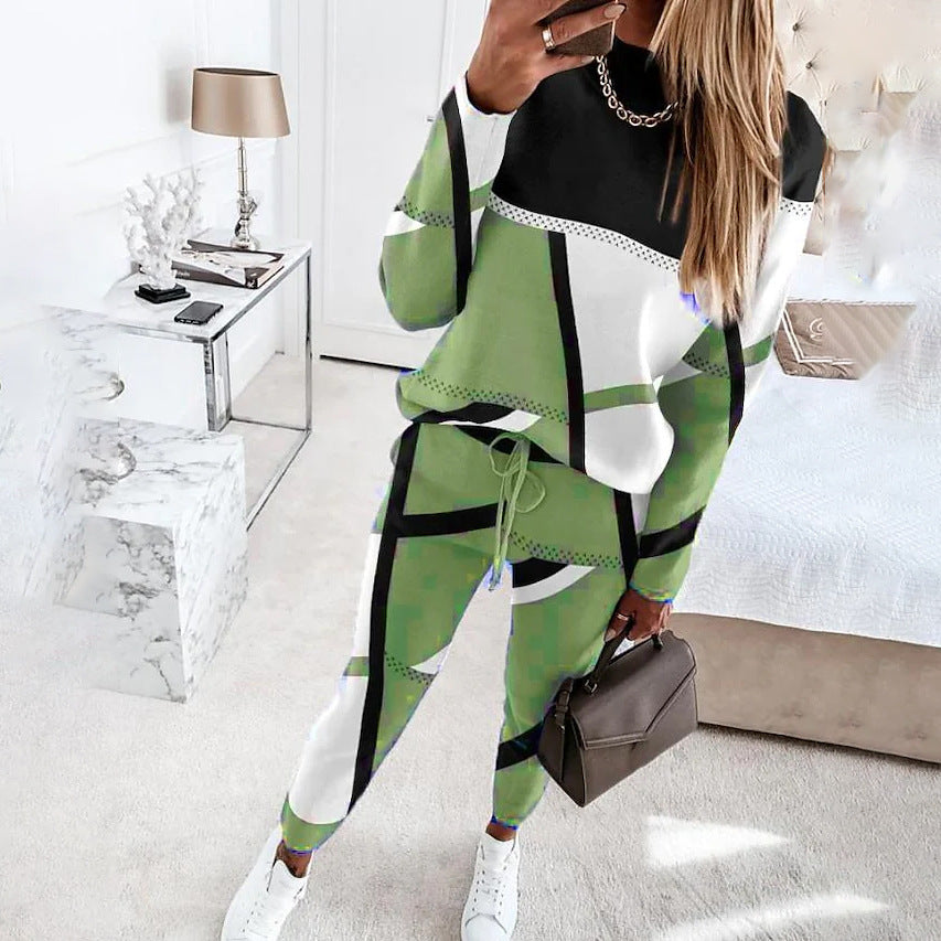 Women's Two-piece Printing Color Contrast Long Sleeve Suits