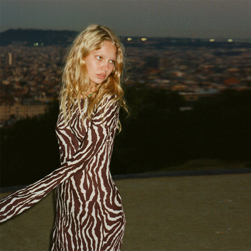 Animal Print Silk Long Sleeve Dress Dresses