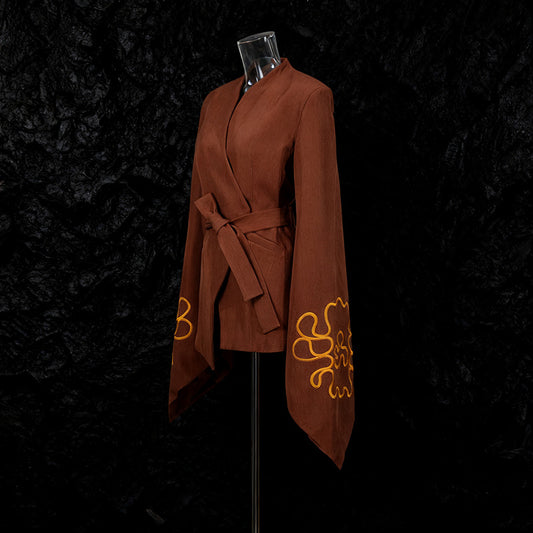 High-grade Embroidered Elegant Flare Sleeve Waist Asymmetric Blazers