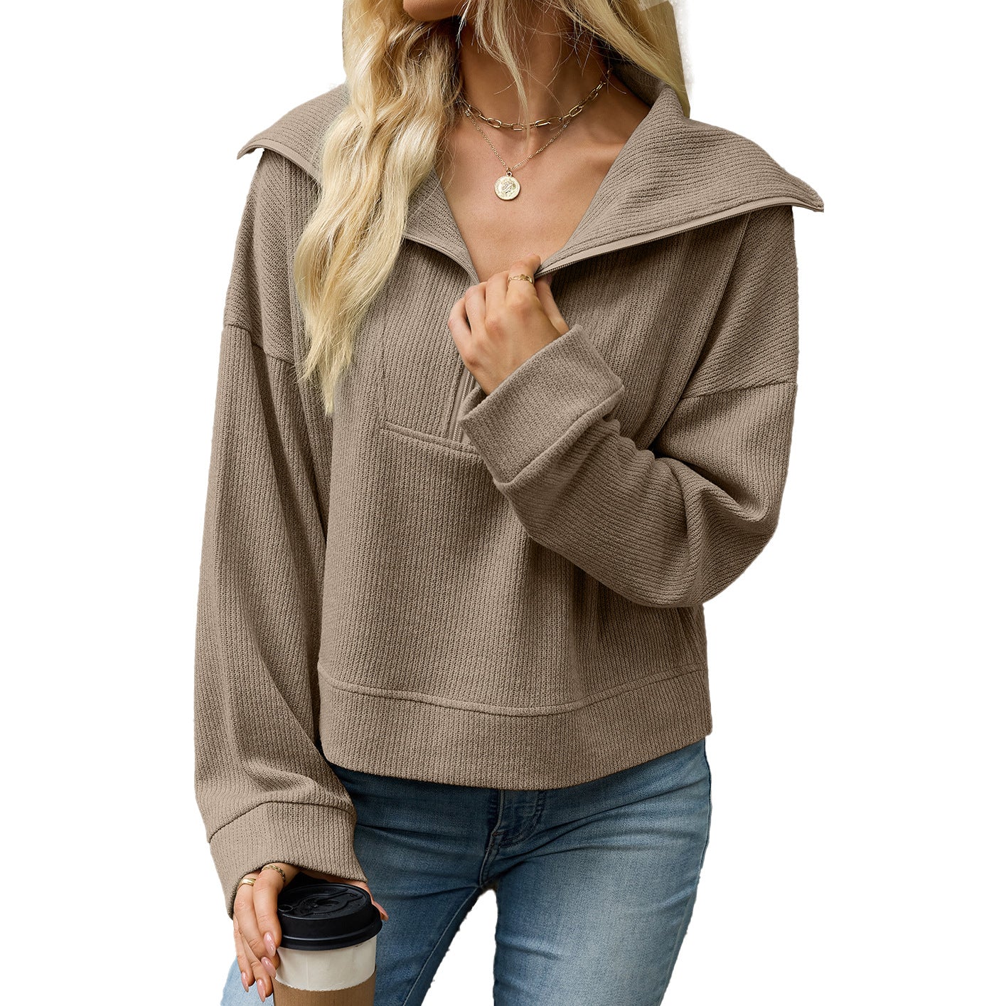 Women's Solid Color Polo Collar Zipper Loose Long Tops
