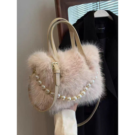 Women's Furry Fashion Pearl Plush Cute Commuter Crossbody Bags