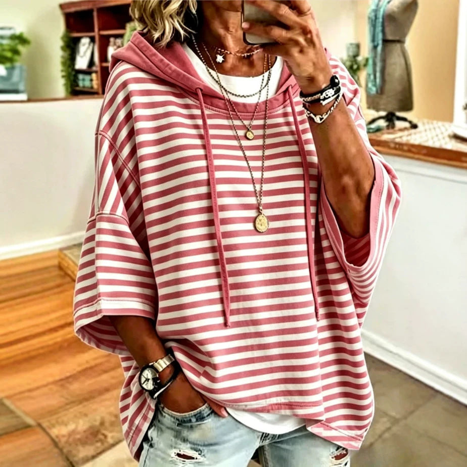 Women's Loose Casual Striped Hooded Sleeve Sweatshirt Women's Sweater, Sweater