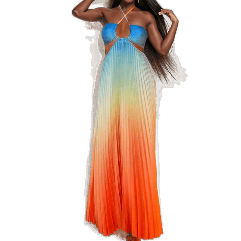 Women's Color Halter Pleated Fashion Long Beach Skirts