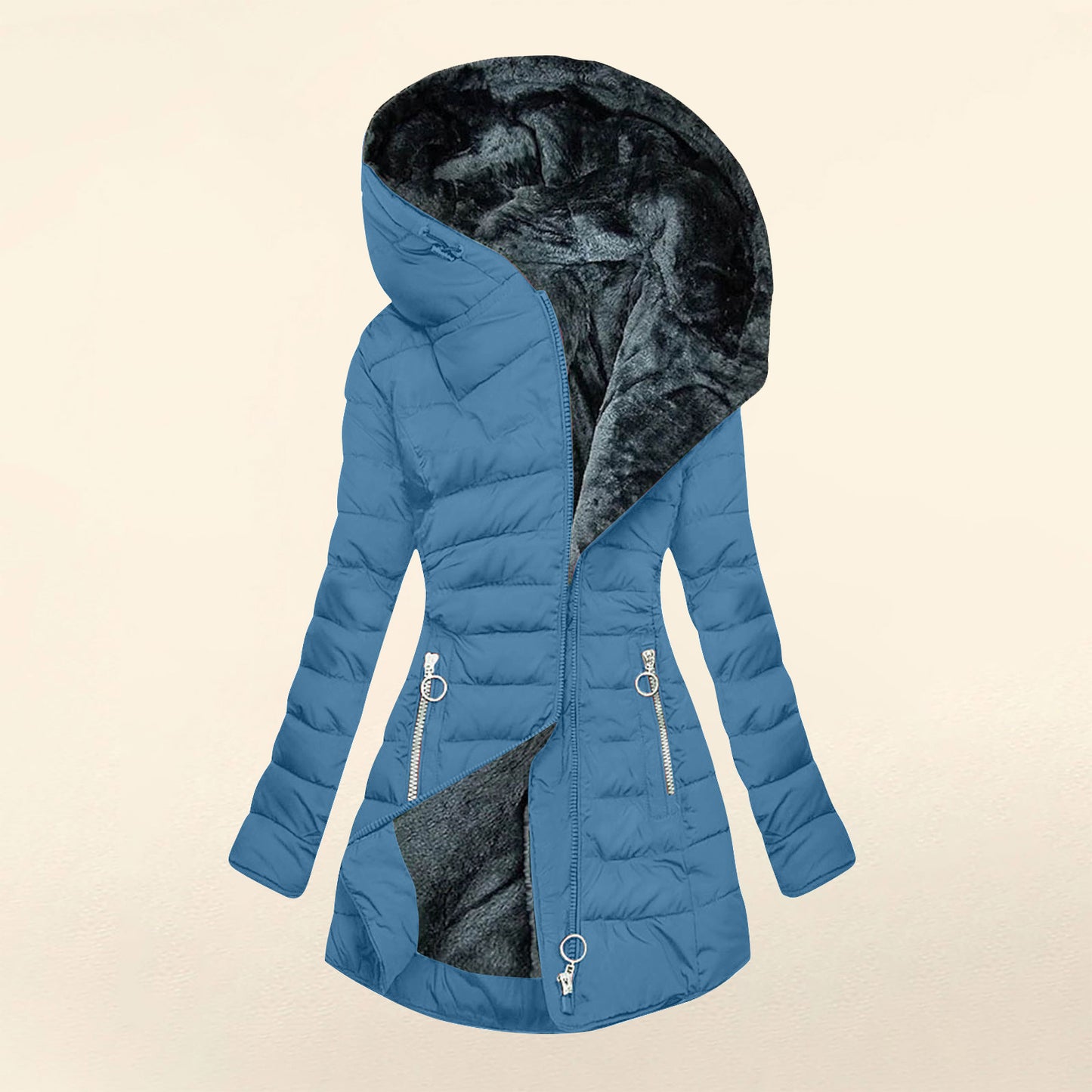 Women's Plush Hooded Mid-length Oblique Zipper Coats