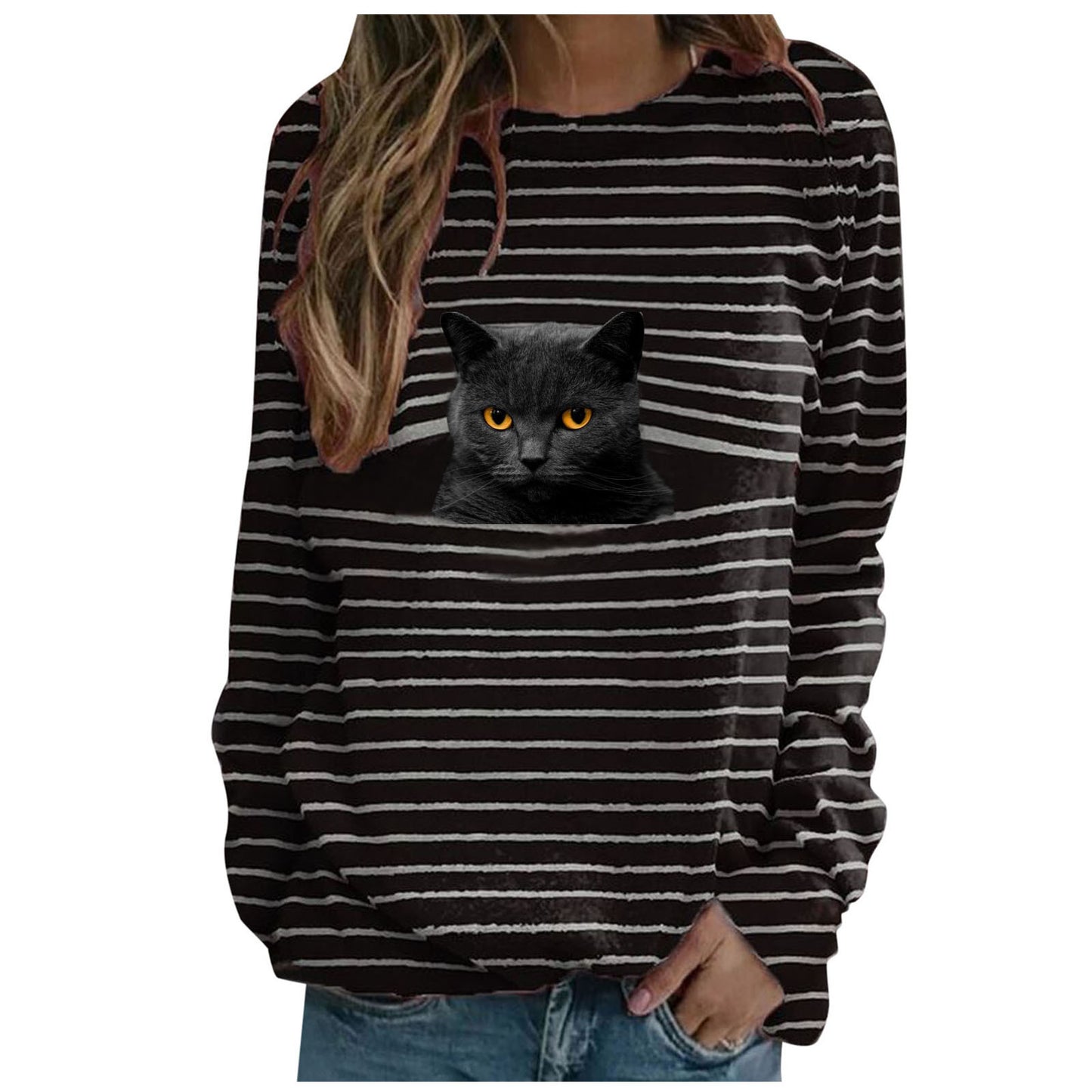 Women's Cat Printing Casual Long Sleeve Striped Women's T-shirt