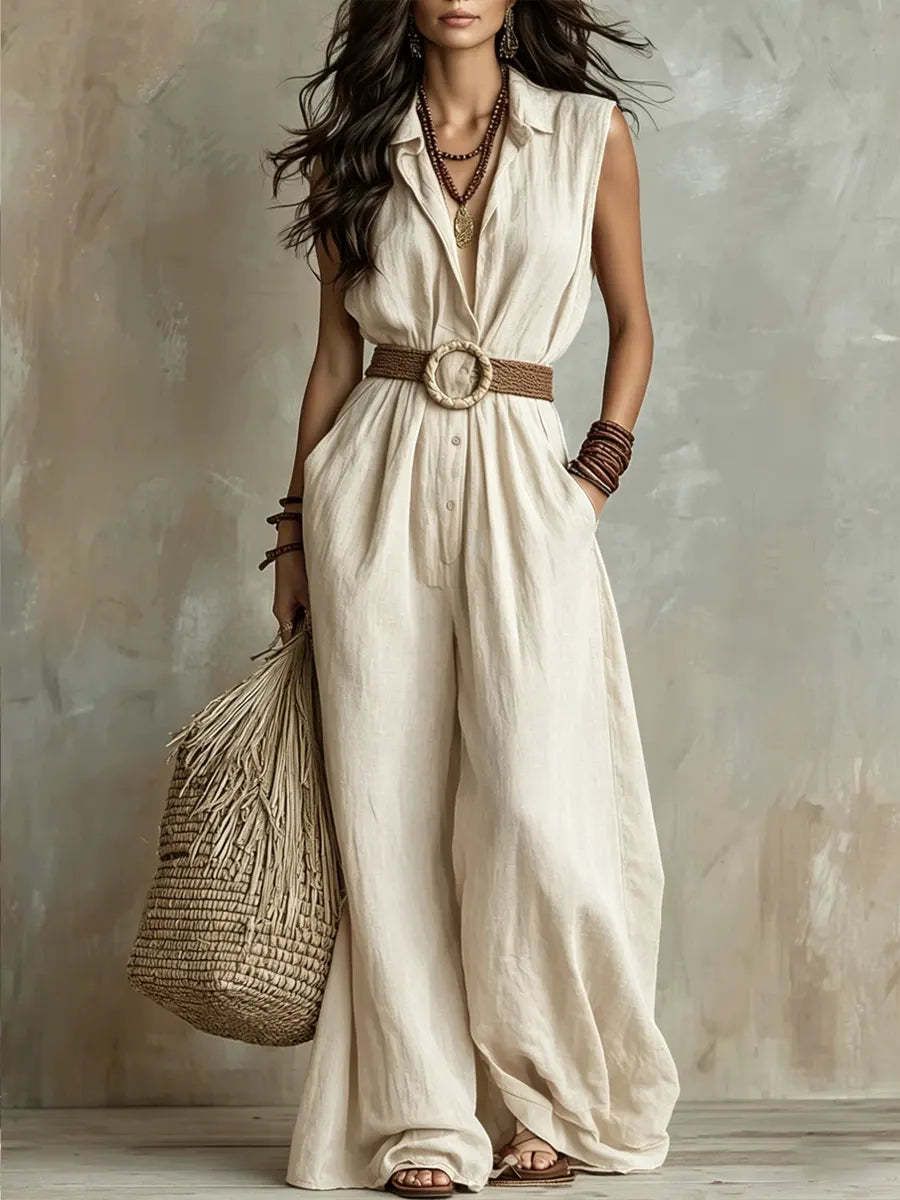 Women's Vacation Style Sleeveless Lapel Waist Tight Slimming Wide Leg Casual Women's Jumpsuit/clothing