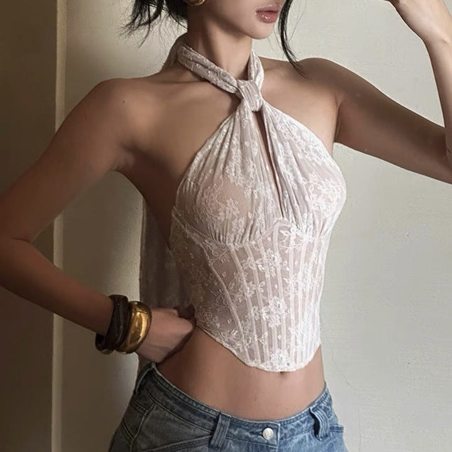 Hot White Lace Halter Fishbone Camisole Sexy Backless Tops