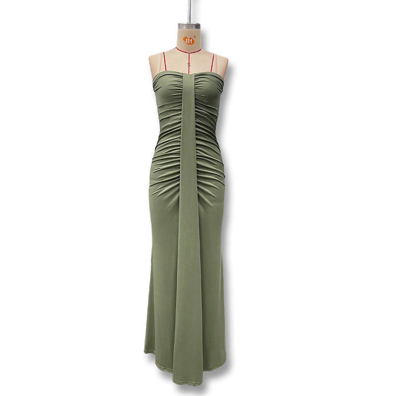 Women's Autumn Solid Color Sleeveless Pleated Wrap Hip Dress