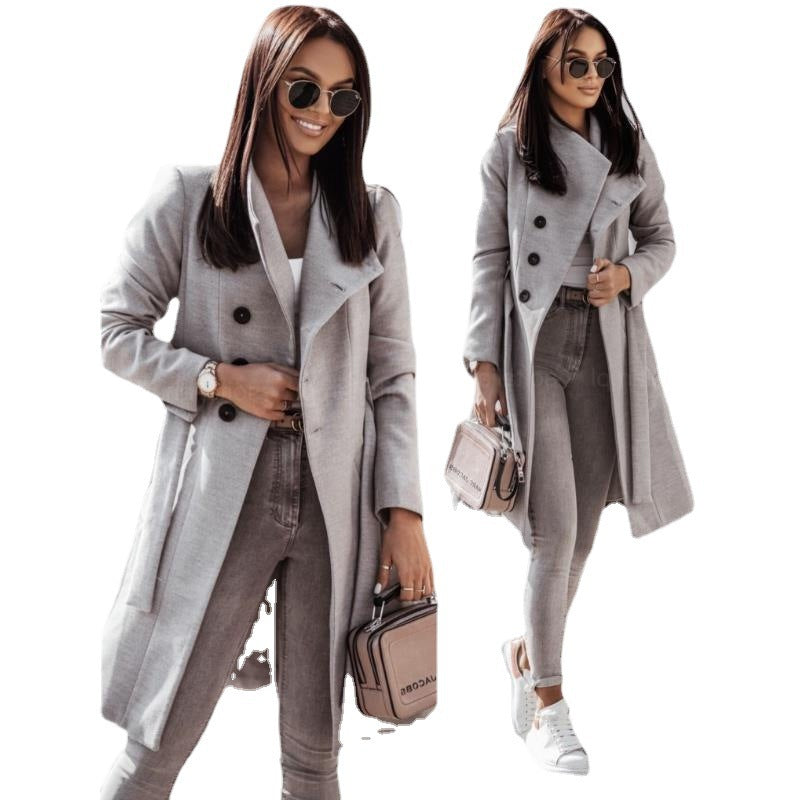 Women's Classic Woolen Solid Color Mid-length Coats