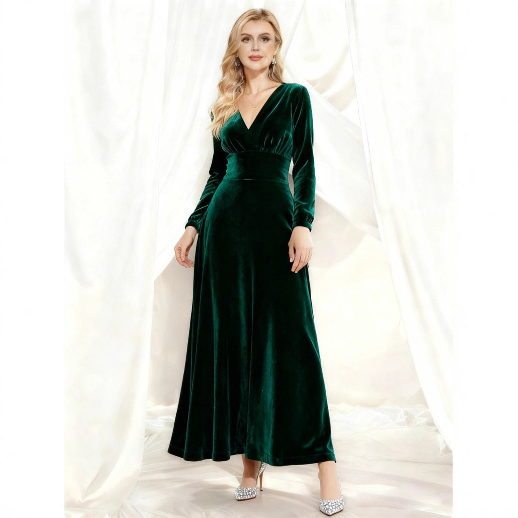 Women's Solid Color Long Sleeve Gold Veet Dress