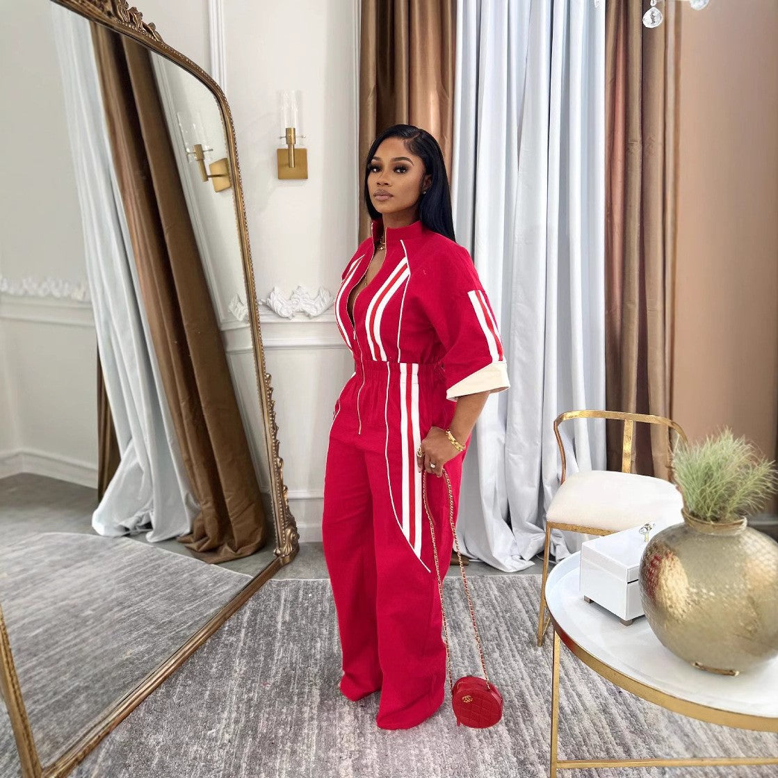 Women's 7-point Sleeve Waist Long Zipper One-piece Jumpsuits